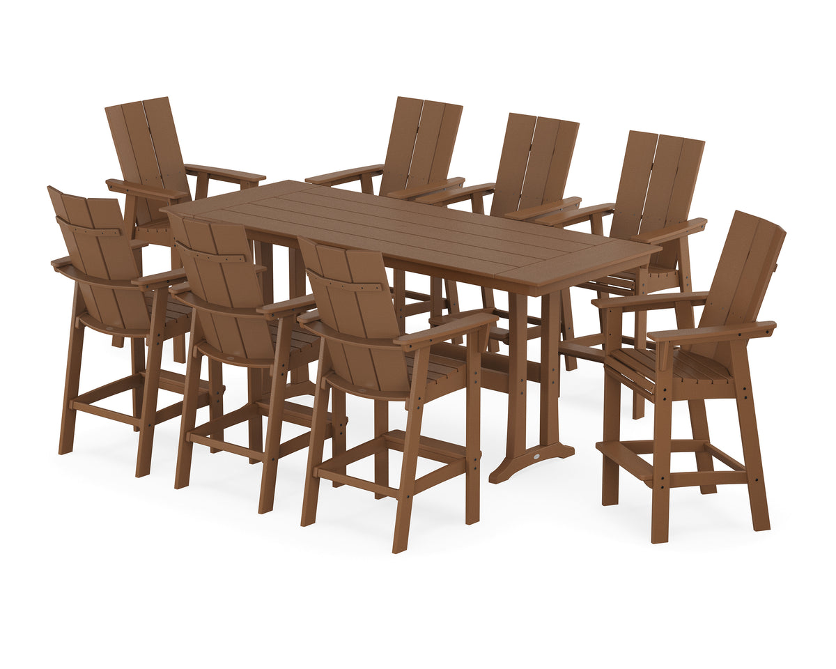 POLYWOOD Modern Curveback Adirondack 9-Piece Farmhouse Bar Set with Trestle Legs in Teak