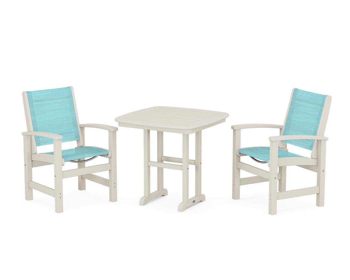 POLYWOOD Coastal 3-Piece Dining Set in Sand / Dupioni Aquamarine