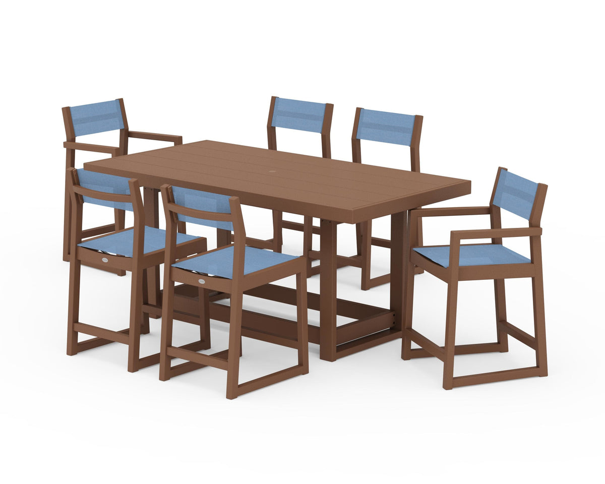 POLYWOOD EDGE Sling 7-Piece Counter Table Set in Teak / Poolside
