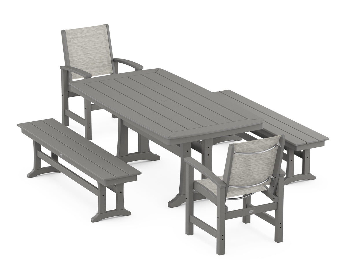 POLYWOOD Coastal 5-Piece Dining Set with Trestle Legs and Benches in Slate Grey / Birch