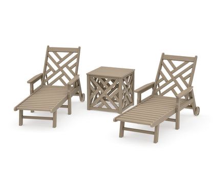 POLYWOOD Chippendale 3-Piece Chaise Set with Umbrella Stand Accent Table in Vintage Sahara