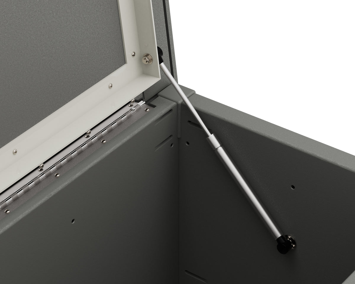 Angled view of the POLYWOOD 68" Storage Box Table in Slate Grey (2)