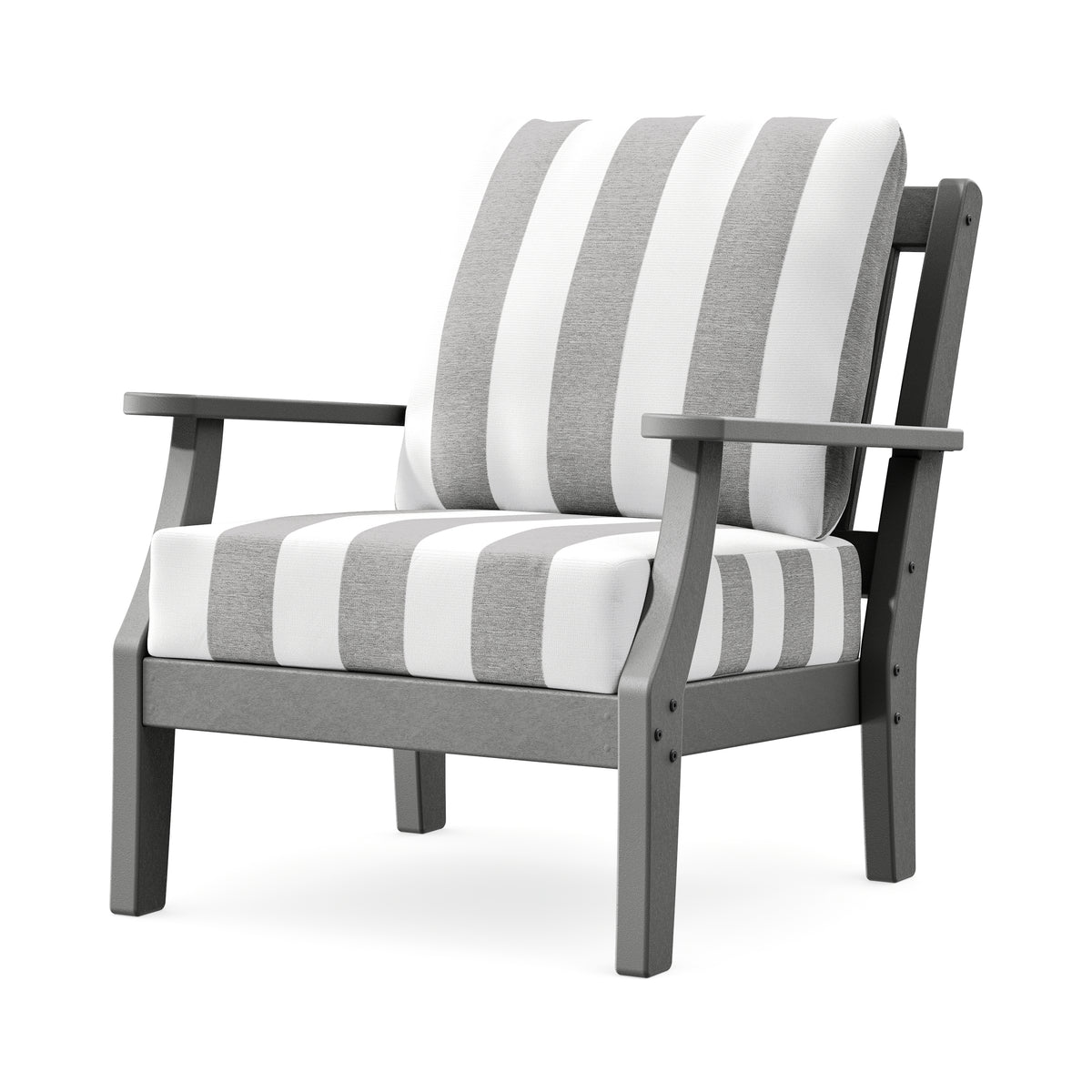POLYWOOD Chinoiserie Deep Seating Chair in Slate Grey / Cabana Stripe Grey Mist