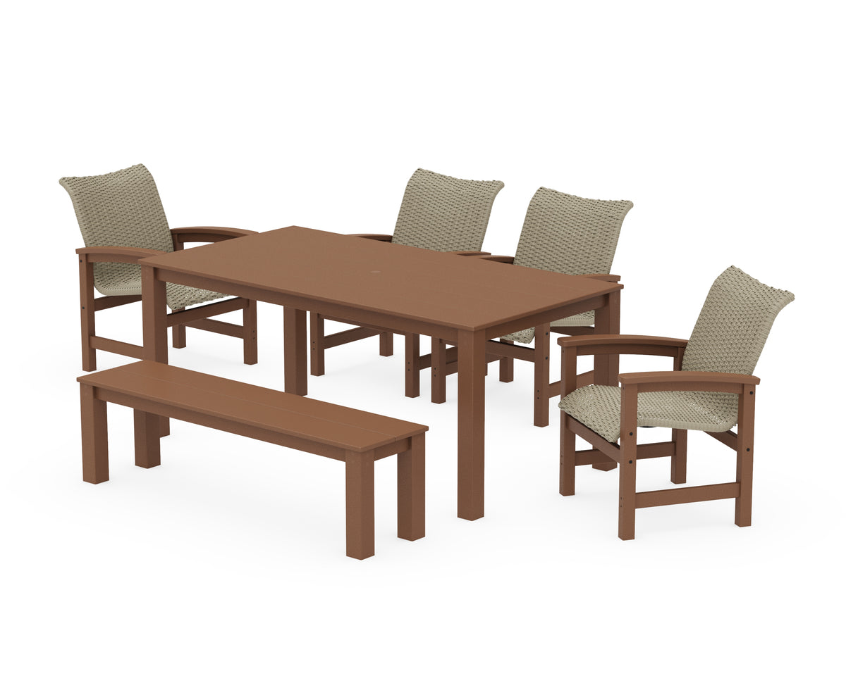 POLYWOOD Coastal Woven 6-Piece Parsons Dining Set with Bench in Teak / Dune Grass