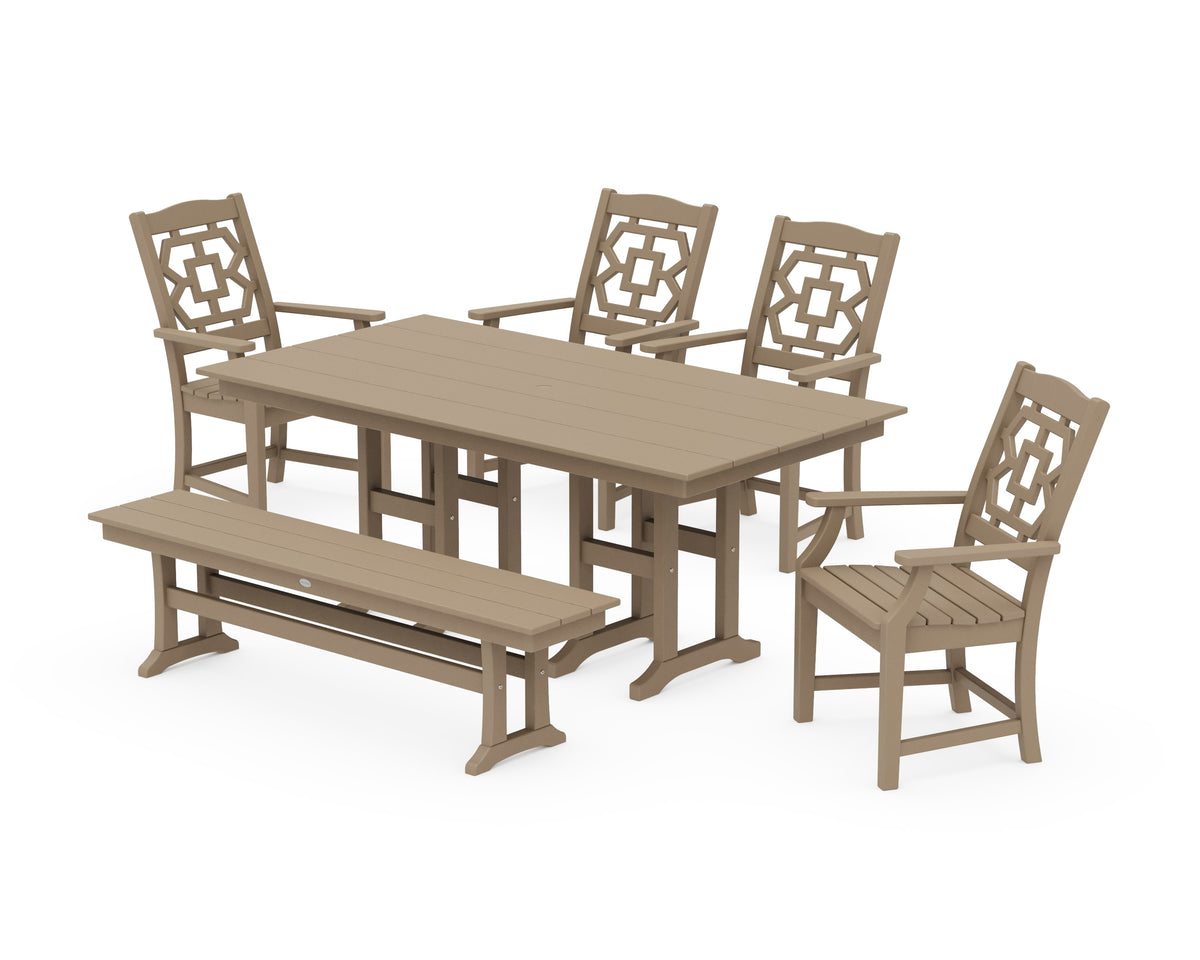 POLYWOOD Chinoiserie 6-Piece Farmhouse Dining Set with Bench in Vintage Sahara
