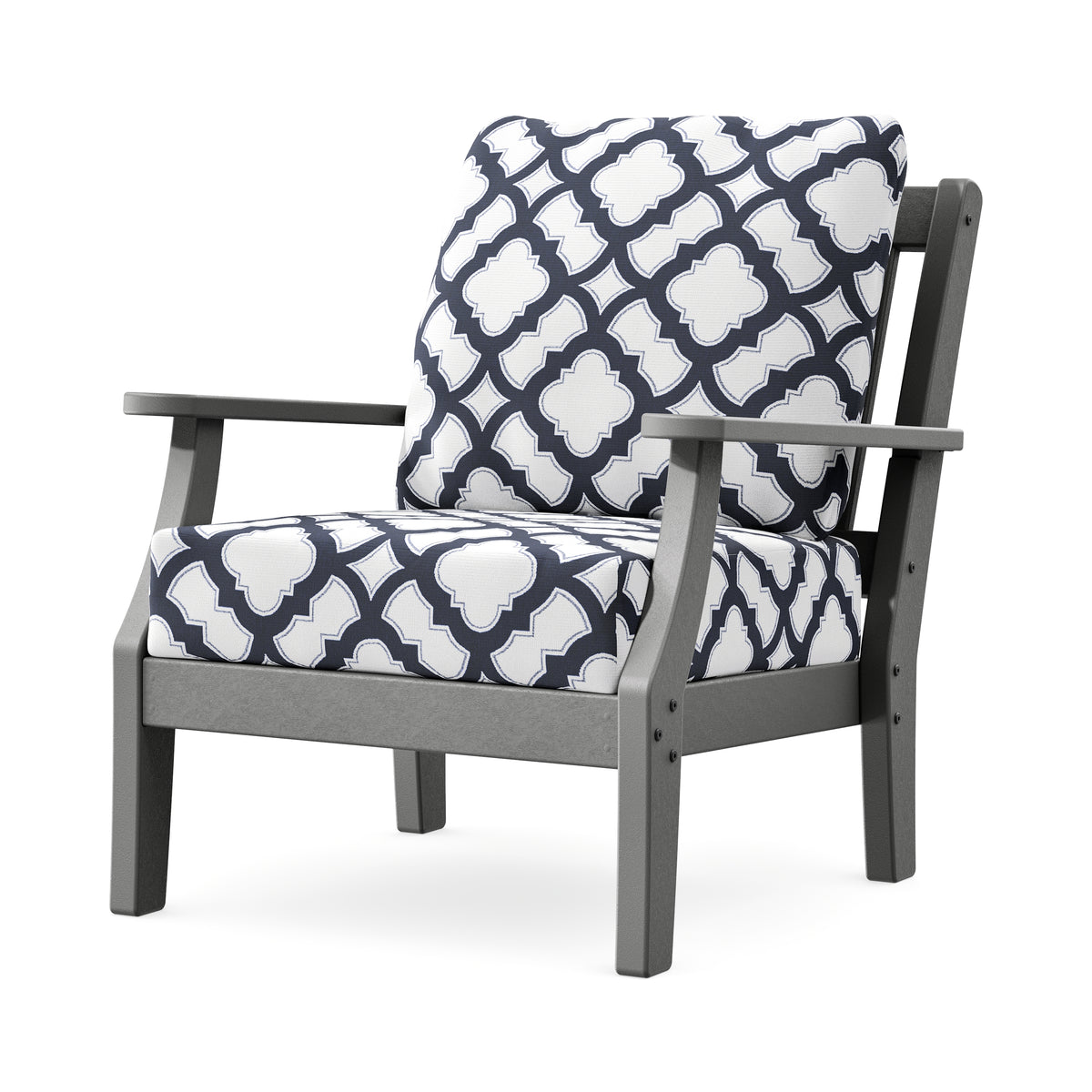 POLYWOOD Chinoiserie Deep Seating Chair in Slate Grey / Trellis Navy