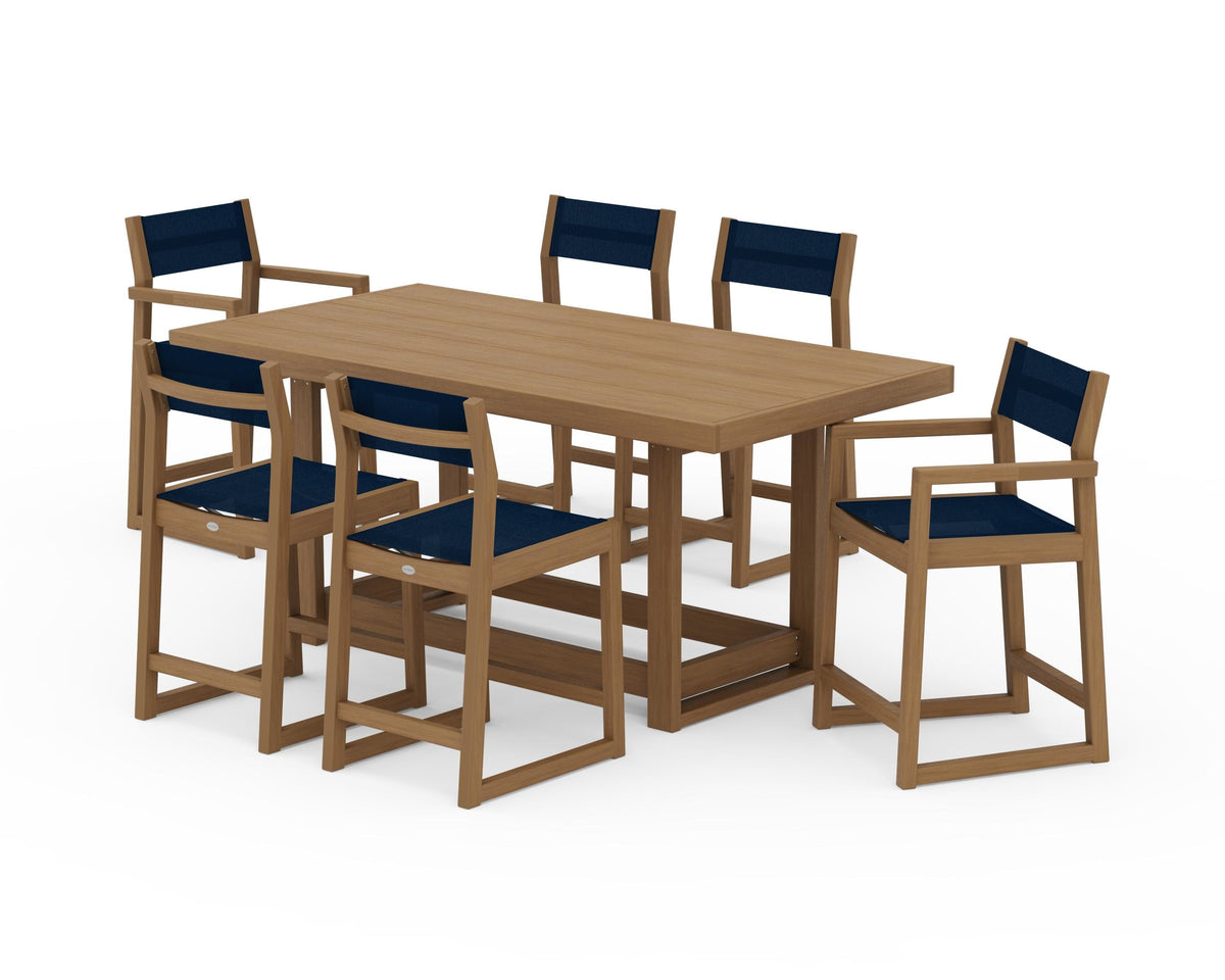 POLYWOOD EDGE Sling 7-Piece Counter Table Set in Natural / Navy Blue