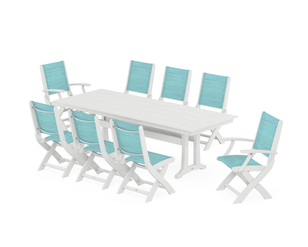 POLYWOOD Coastal 9-Piece Folding Dining Chair Farmhouse Dining Set with Trestle Legs in White / Dupioni Aquamarine