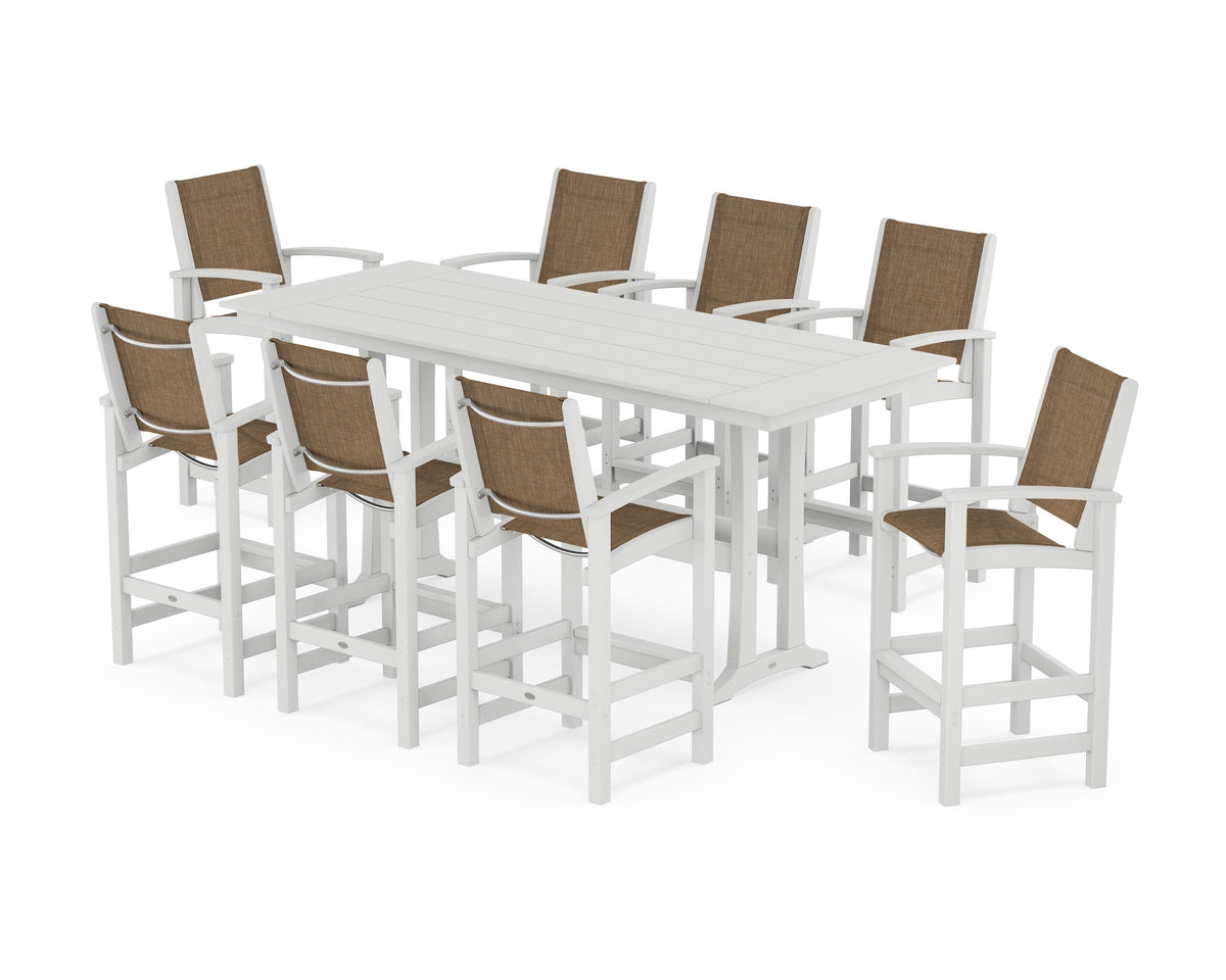 POLYWOOD Coastal 9-Piece Farmhouse Bar Set with Trestle Legs in White / Burlap