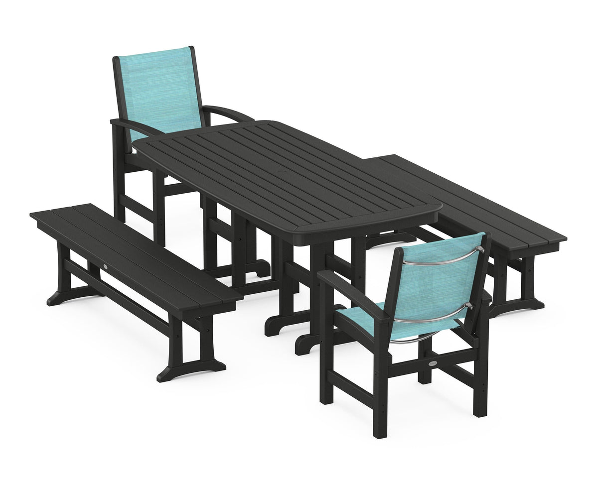 POLYWOOD Coastal 5-Piece Dining Set with Nautical 37" x 72" Dining Table in Black / Dupioni Aquamarine