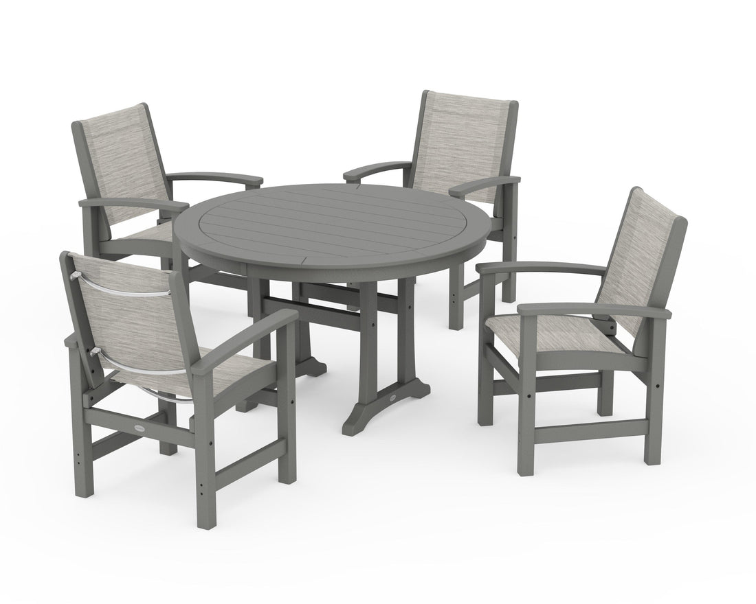 POLYWOOD Coastal 5-Piece Round Dining Set with Trestle Legs in Slate Grey / Birch