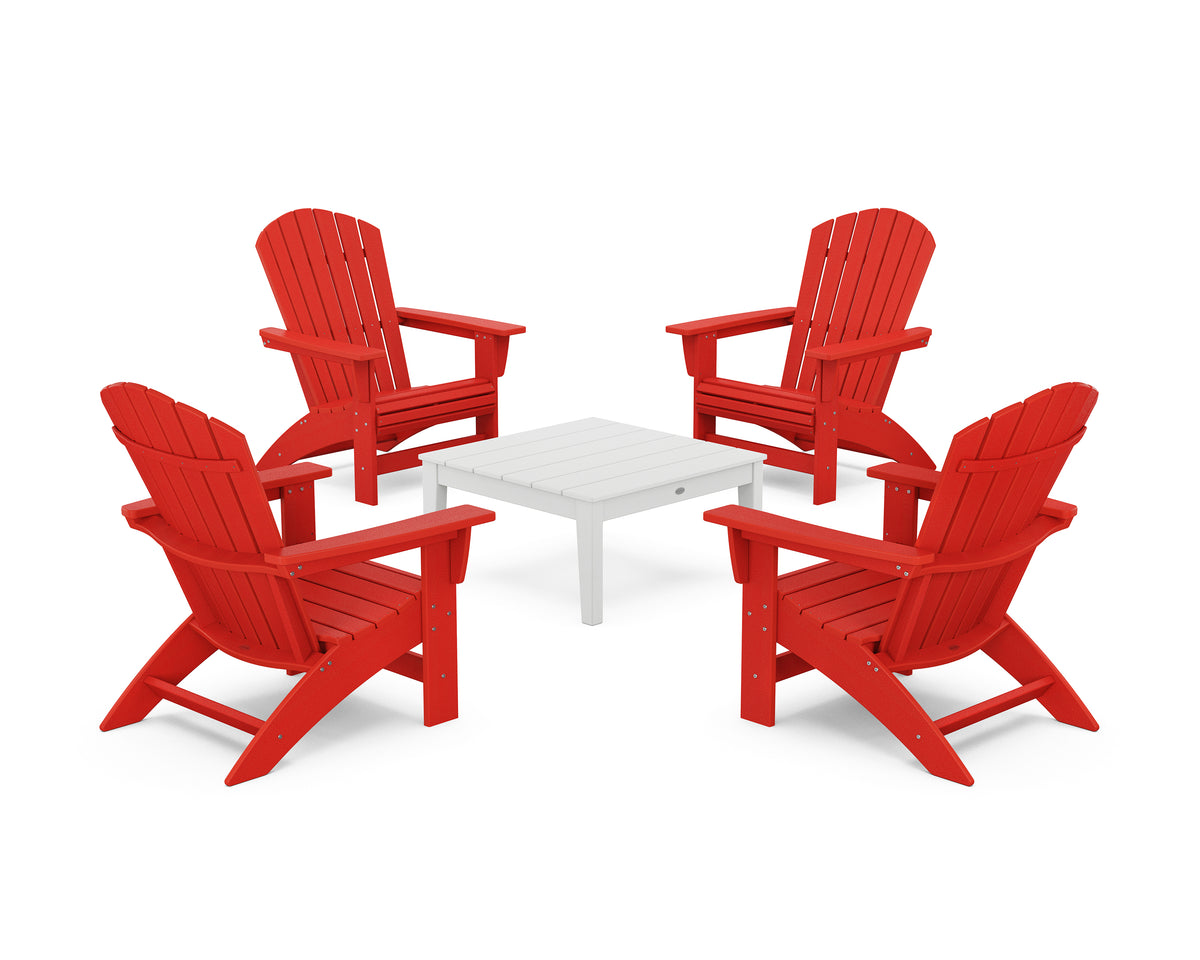 POLYWOOD 5-Piece Nautical Grand Adirondack Chair Conversation Group in Sunset Red / White