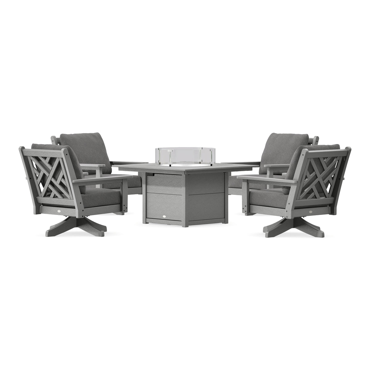 POLYWOOD Chippendale 5-Piece Deep Seating Swivel Conversation Set with Fire Pit Table in Slate Grey