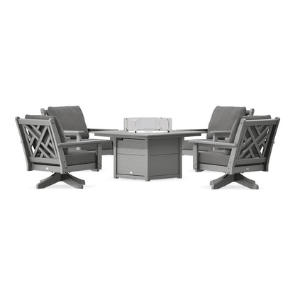 POLYWOOD Chippendale 5-Piece Deep Seating Swivel Conversation Set with Fire Pit Table in Slate Grey