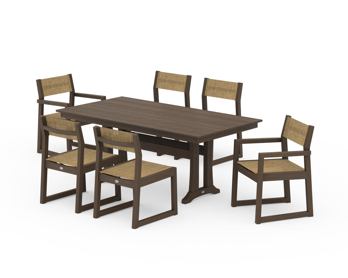 POLYWOOD EDGE Sling 7-Piece Farmhouse Trestle Dining Set in Kona / Burlap