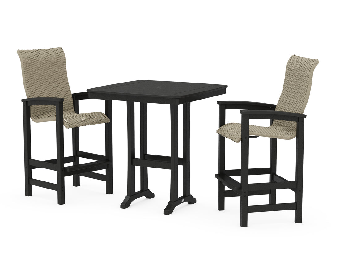 POLYWOOD Coastal Woven High-Back 3-Piece Bar Set in Black / Dune Grass