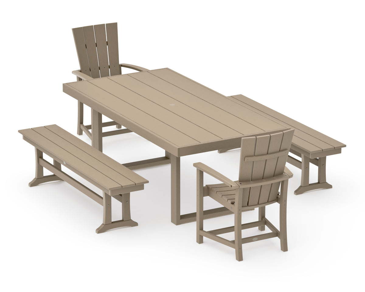 POLYWOOD Quattro 5-Piece Dining Set with Benches in Vintage Sahara