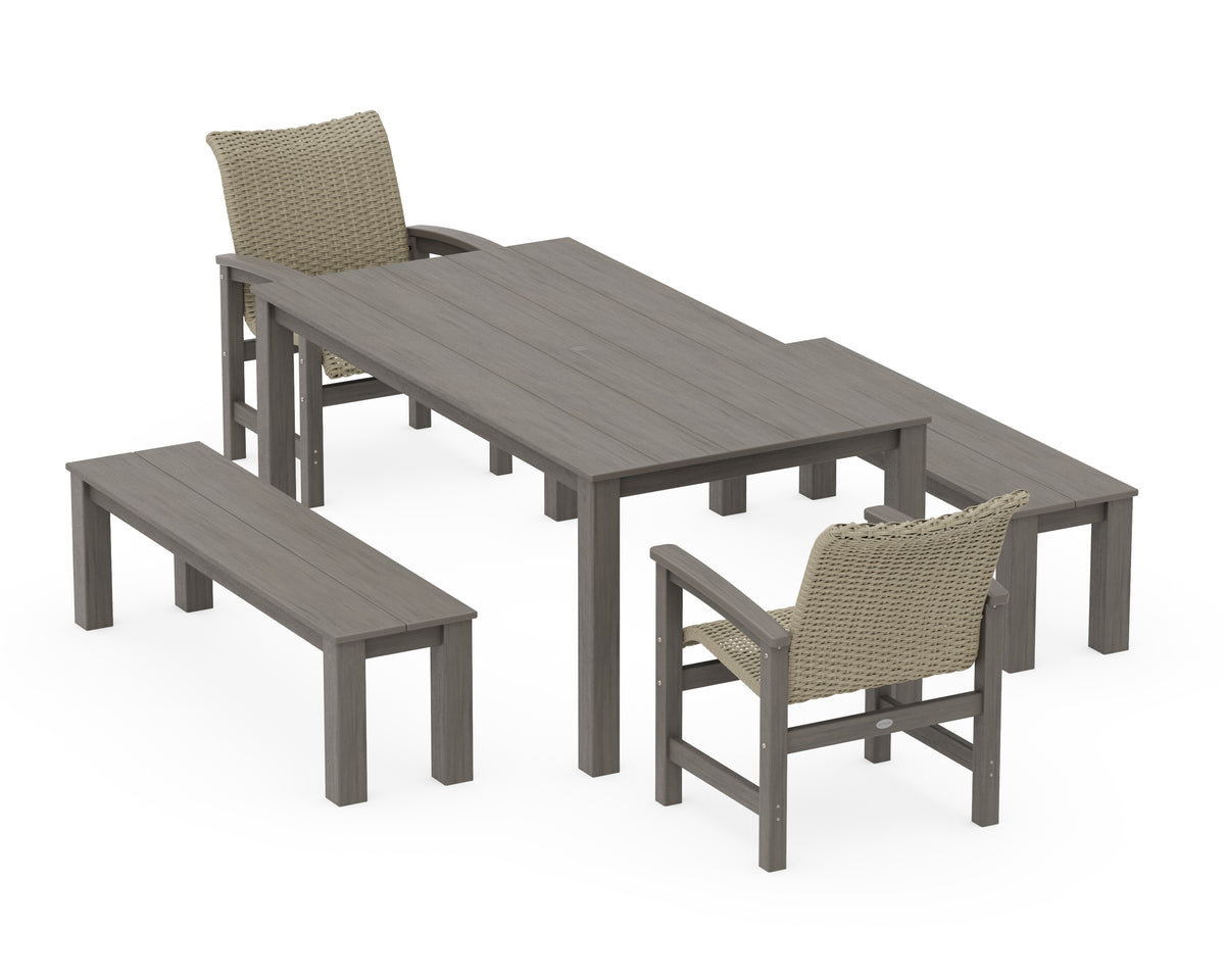 POLYWOOD Coastal Woven 5-Piece Parsons Dining Set with Benches in Driftwood / Dune Grass