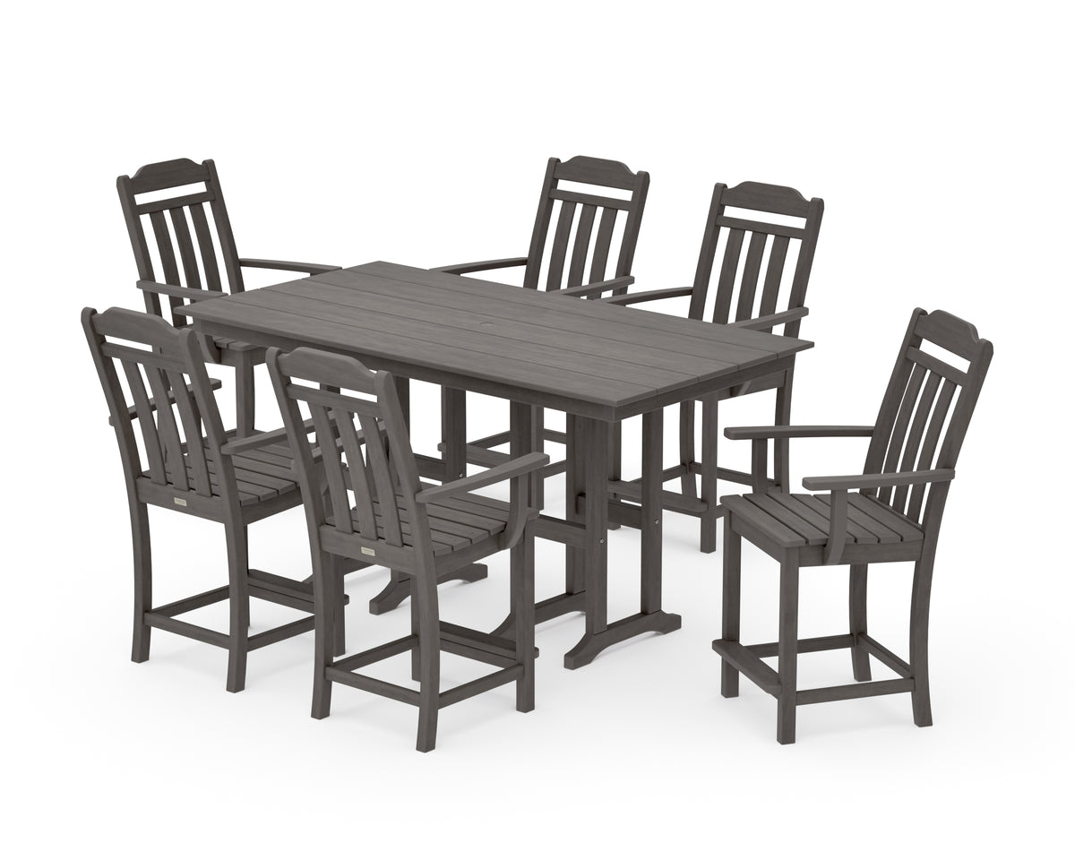 POLYWOOD Country Living Cottage Arm Chair 7-Piece Farmhouse Counter Set in Driftwood