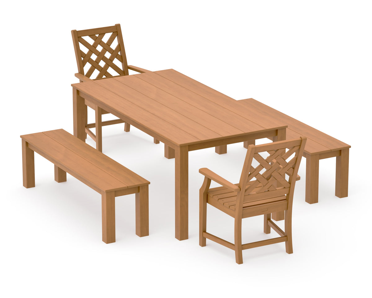 POLYWOOD Wovendale 5-Piece Parsons Dining Set with Benches in Natural