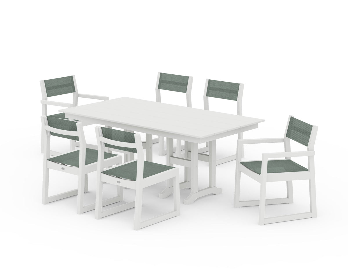 POLYWOOD EDGE Sling 7-Piece Farmhouse Dining Set in Vintage White / Dupioni Sea Mist