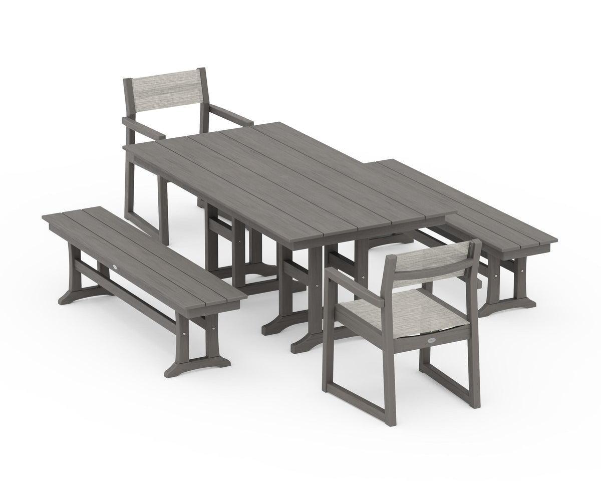 POLYWOOD EDGE Sling Arm Chair 5-Piece Farmhouse Dining Set with Benches in Driftwood / Birch