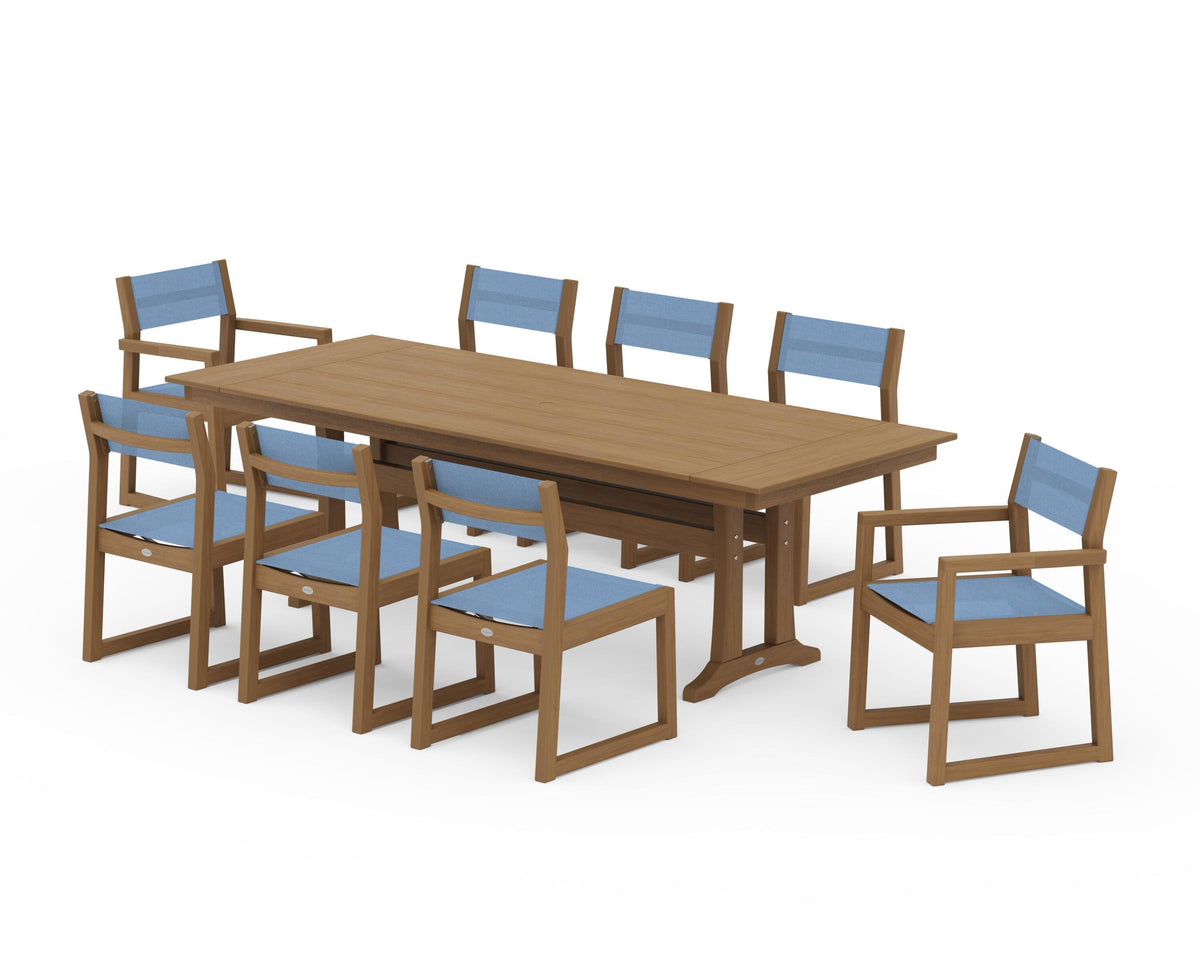 POLYWOOD EDGE Sling 9-Piece Farmhouse Trestle Dining Set in Natural / Poolside