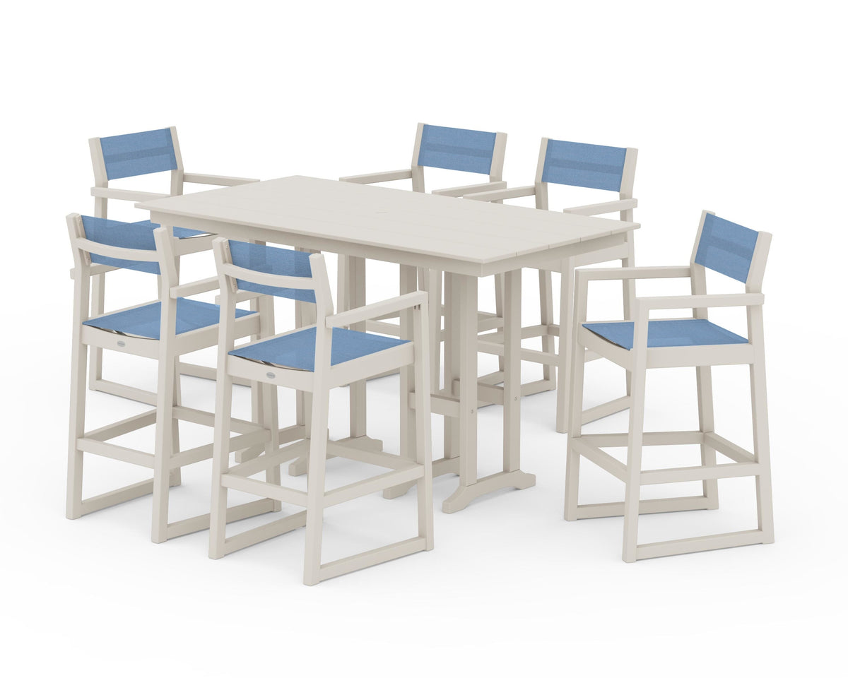 POLYWOOD EDGE Sling Arm Chair 7-Piece Farmhouse Bar Set in Sand / Poolside