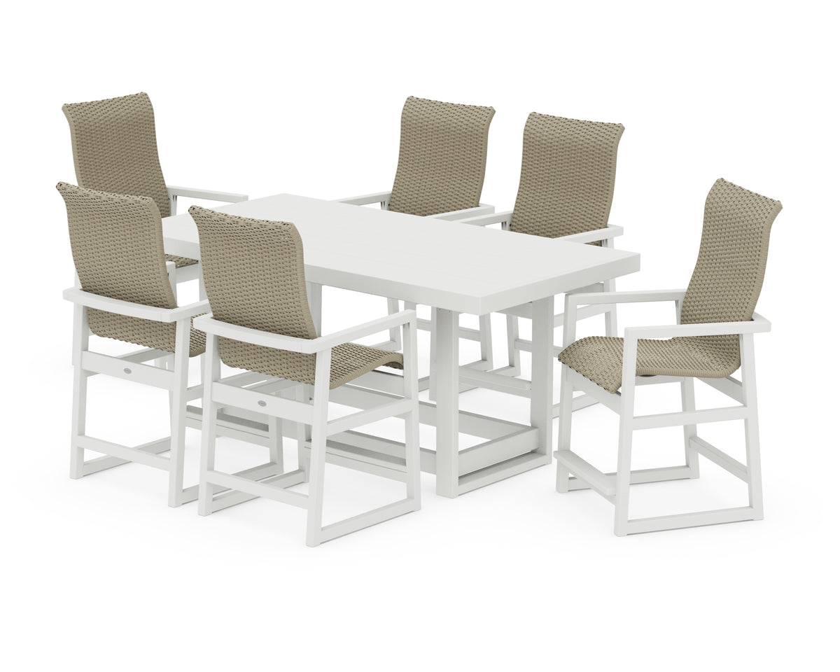 POLYWOOD EDGE Woven Highback Arm Chair 7-Piece Counter Set in White / Dune Grass