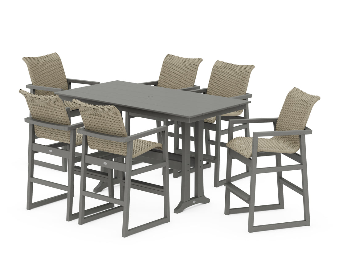 POLYWOOD EDGE Woven Arm Chair 7-Piece Farmhouse Bar Set with Trestle Legs in Slate Grey / Dune Grass