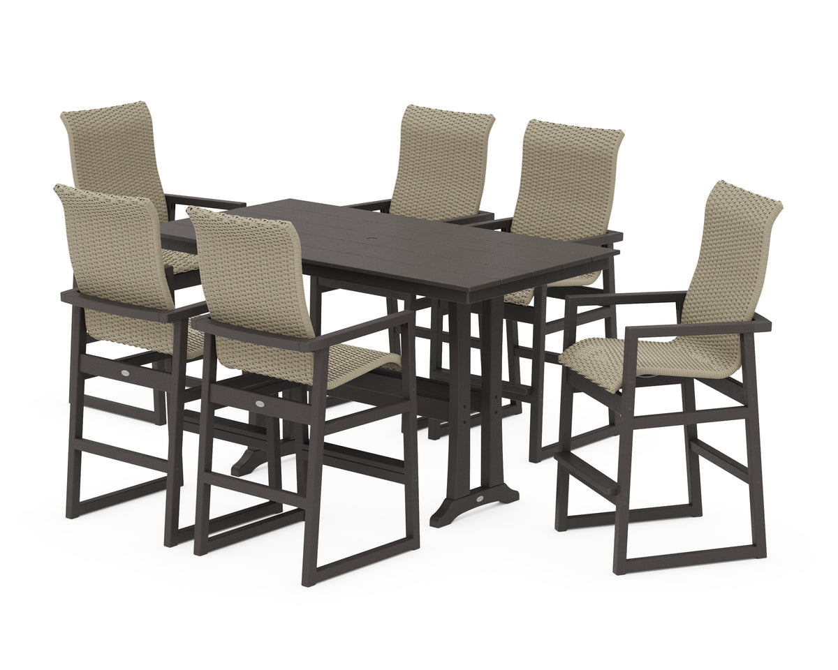 POLYWOOD EDGE Woven Highback Arm Chair 7-Piece Farmhouse Bar Set with Trestle Legs in Vintage Coffee / Dune Grass