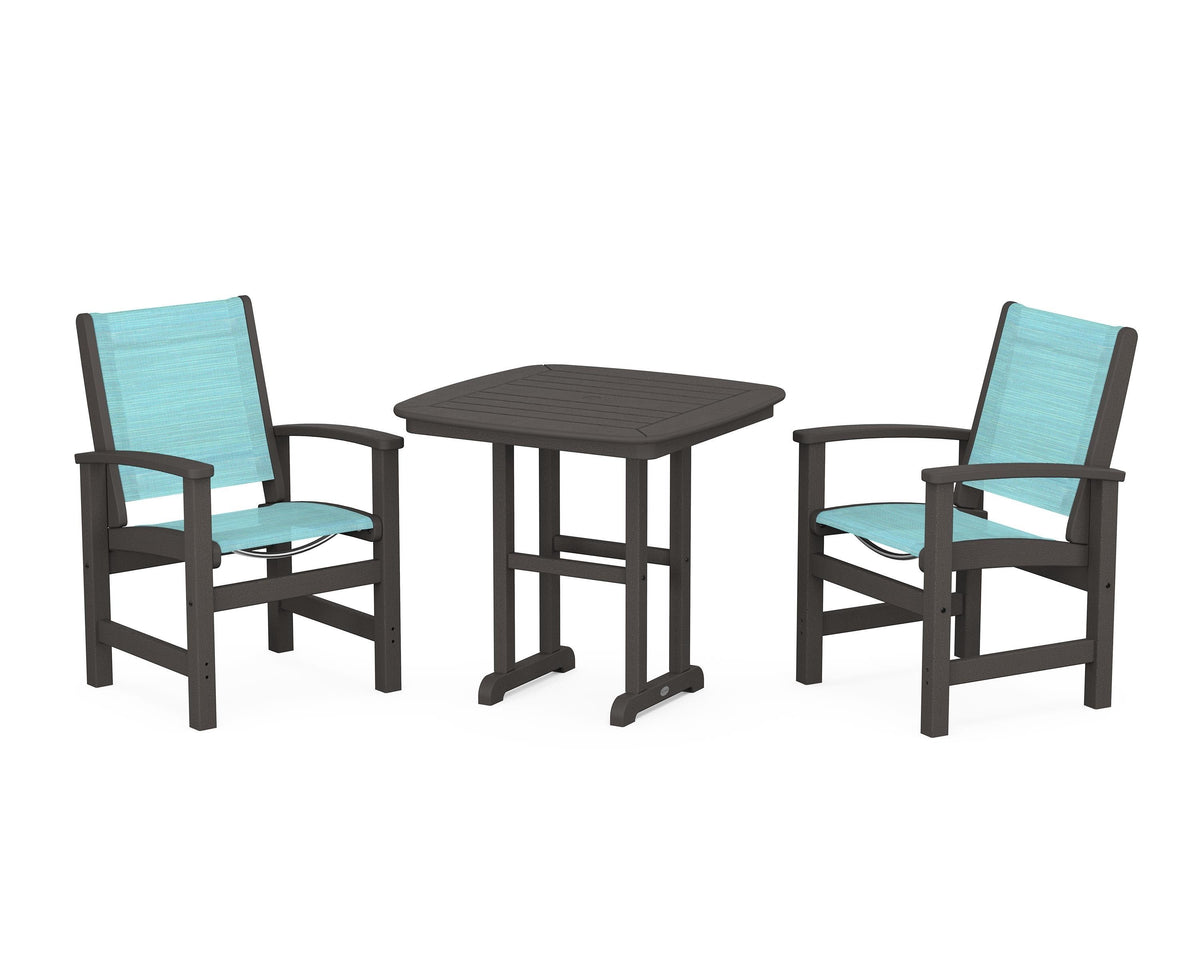 POLYWOOD Coastal 3-Piece Dining Set in Vintage Coffee / Dupioni Aquamarine