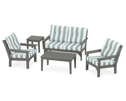 POLYWOOD Vineyard 5-Piece Deep Seating Set with Two Chairs and Loveseat in Slate Grey / Cabana Stripe Glacier Spa