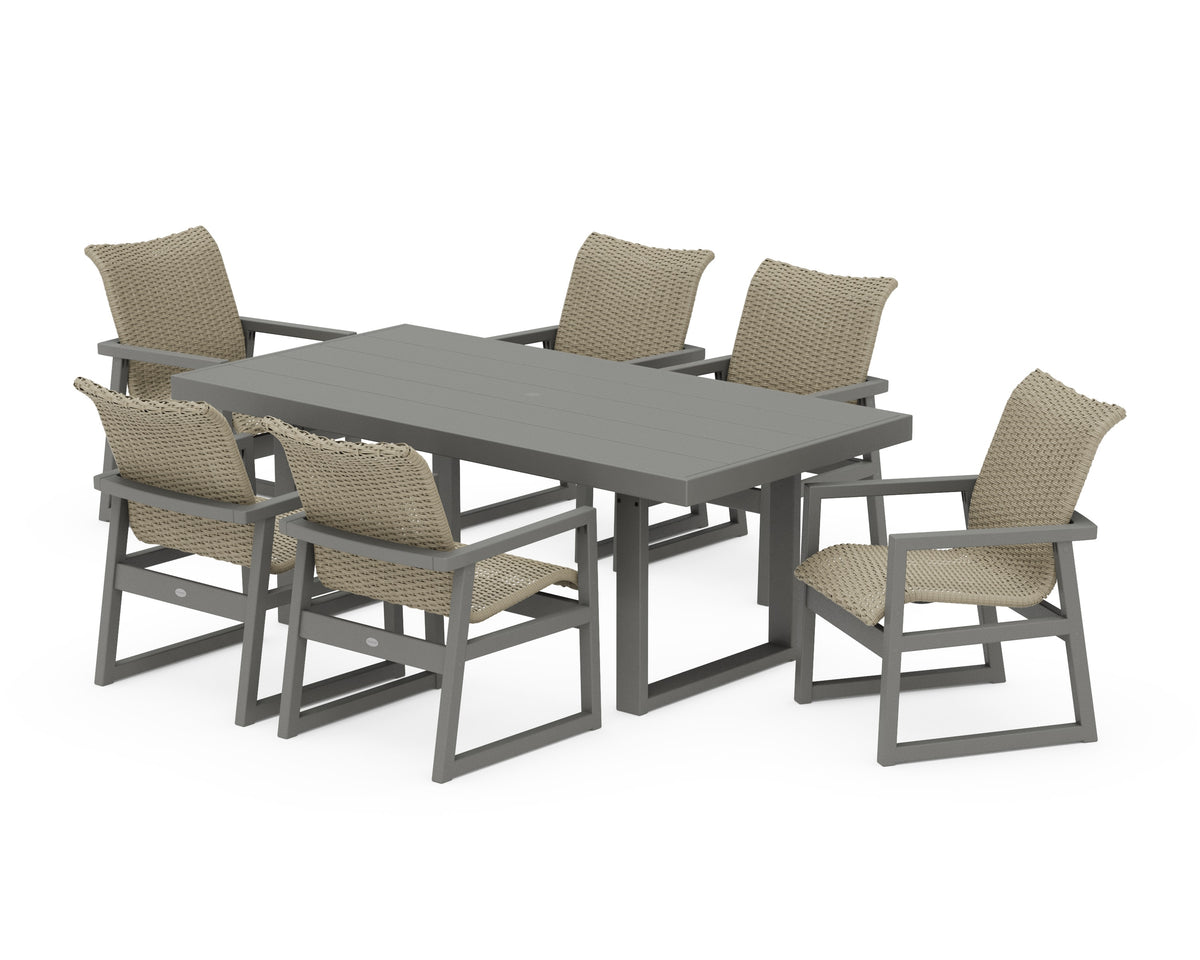 POLYWOOD EDGE Woven Arm Chair 7-Piece Dining Set in Slate Grey / Dune Grass