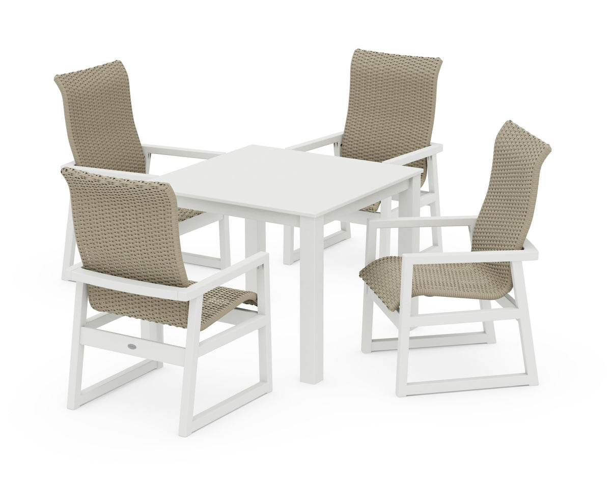 POLYWOOD EDGE Woven High-Back 5-Piece Parsons Dining Set in White / Dune Grass