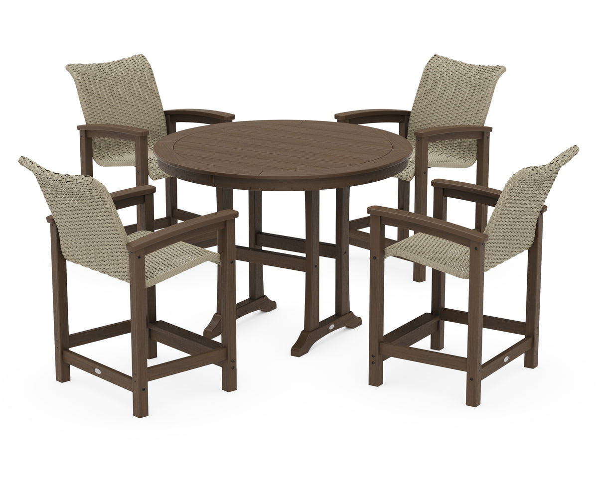 POLYWOOD Coastal Woven 5-Piece Round Counter Set in Kona / Dune Grass