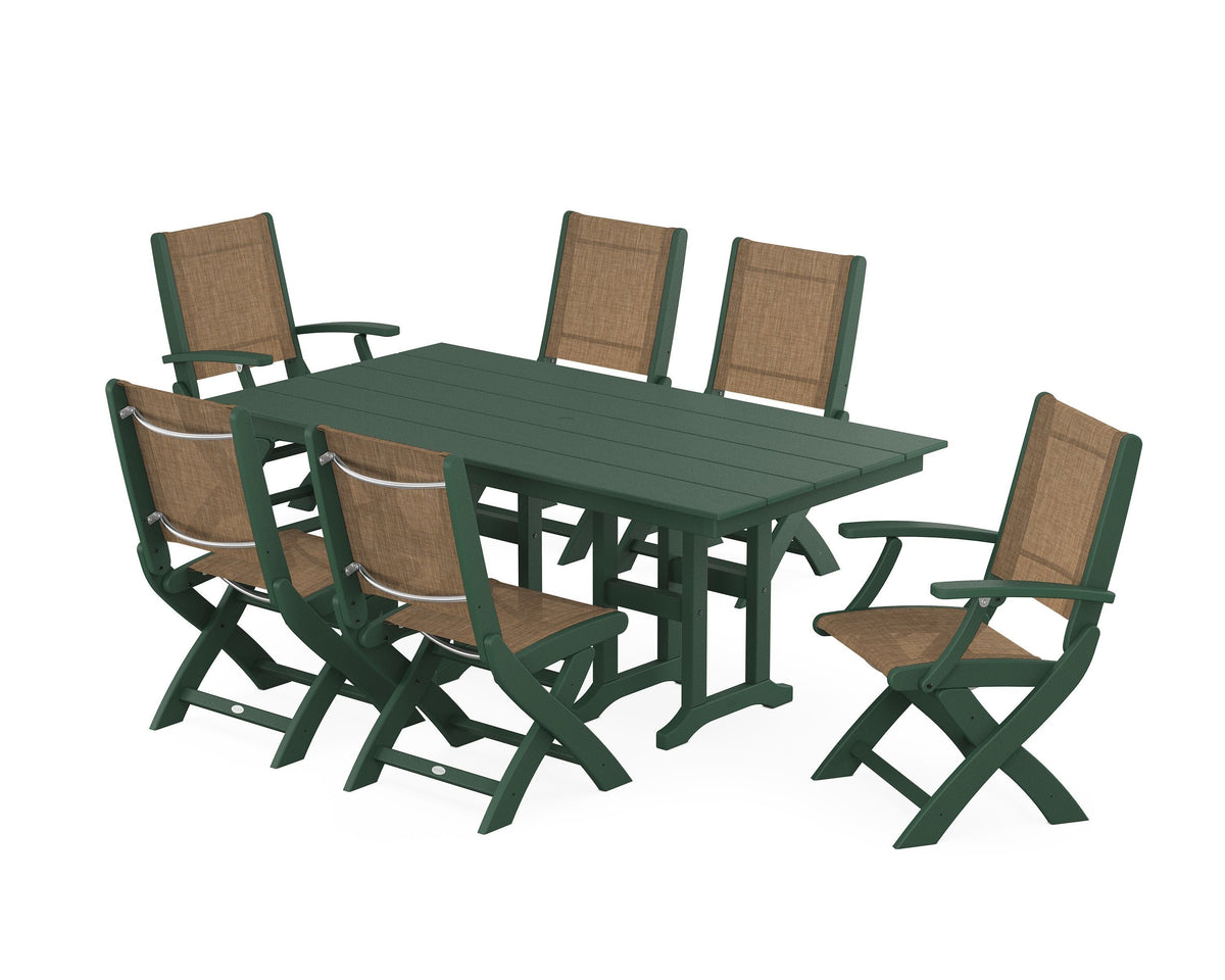 POLYWOOD Coastal Folding Chair 7-Piece Farmhouse Dining Set in Green / Burlap