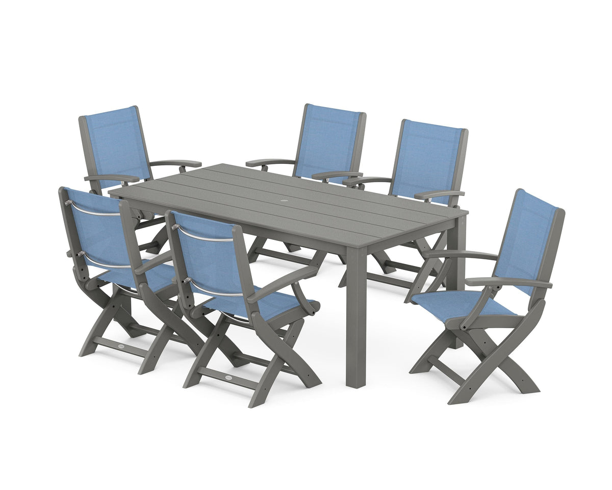 POLYWOOD Coastal Folding Chair 7-Piece Parsons Dining Set in Slate Grey / Poolside