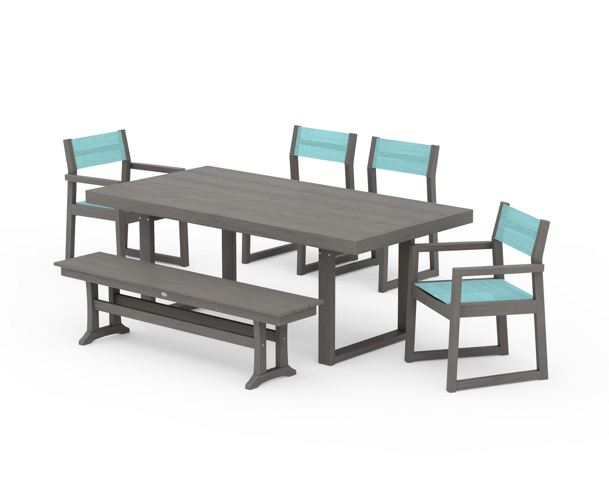 POLYWOOD EDGE Sling 6-Piece Dining Set with Bench in Driftwood / Dupioni Aquamarine