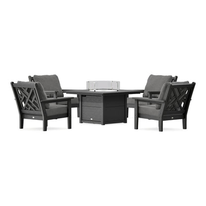 POLYWOOD Chippendale 5-Piece Deep Seating Set with Fire Pit Table in Black