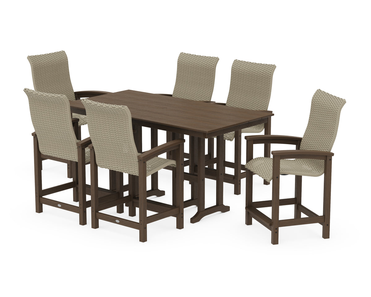 POLYWOOD Coastal Woven High-Back Arm Chair 7-Piece Farmhouse Counter Set in Kona / Dune Grass