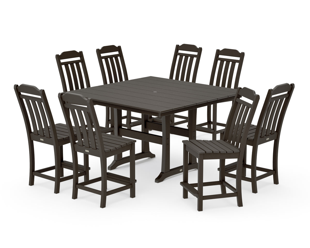 POLYWOOD Country Living Cottage 9-Piece Square Farmhouse Side Chair Counter Set with Trestle Legs in Vintage Coffee