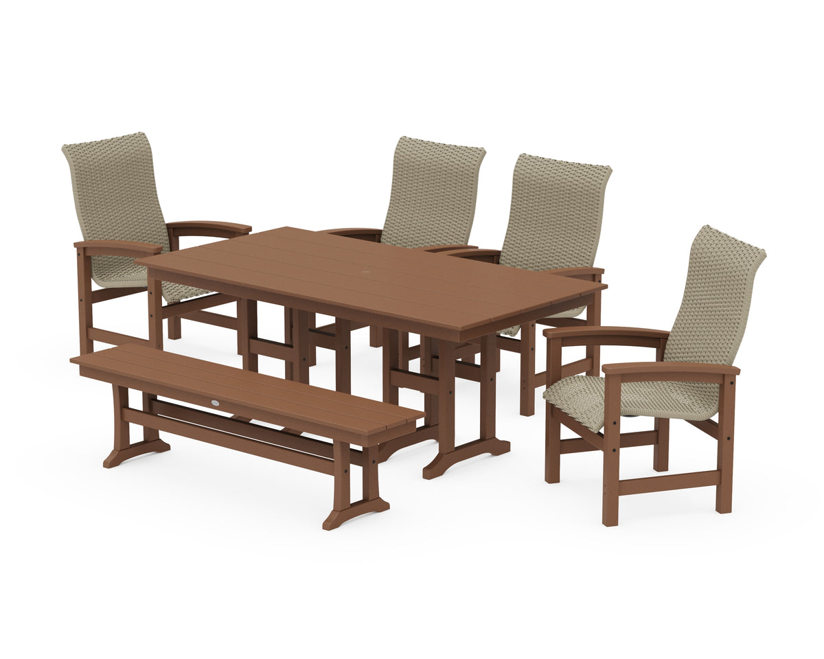 POLYWOOD Coastal Woven High-Back 6-Piece Farmhouse Dining Set with Bench with Farmhouse 37" x 72" Dining Table in Teak / Dune Grass