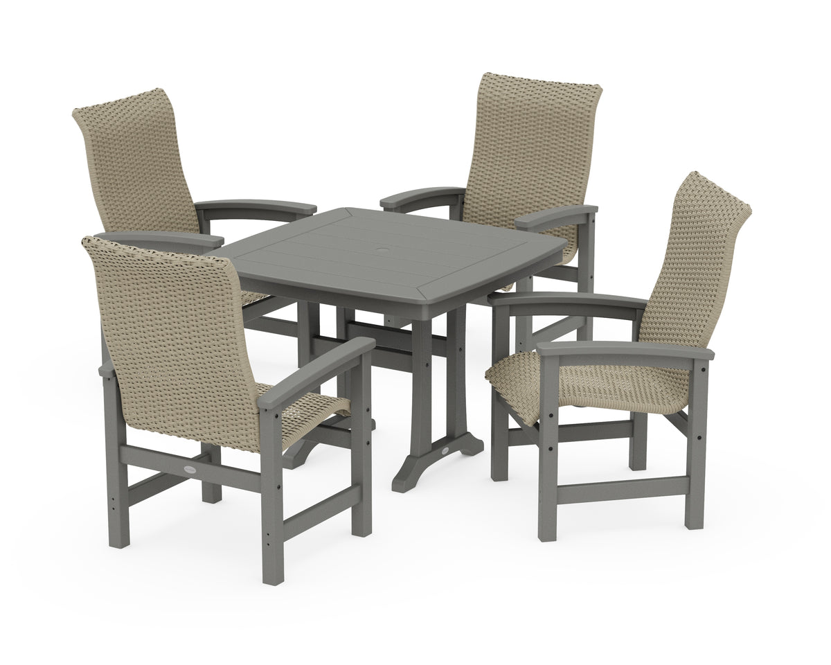 POLYWOOD Coastal Woven High-Back 5-Piece Dining Set with Trestle Legs in Slate Grey / Dune Grass