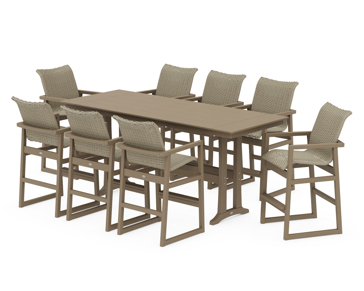 POLYWOOD EDGE Woven 9-Piece Farmhouse Bar Set with Trestle Legs in Vintage Sahara / Dune Grass