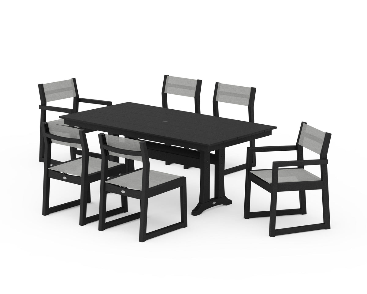 POLYWOOD EDGE Sling 7-Piece Farmhouse Trestle Dining Set in Black / Metallic