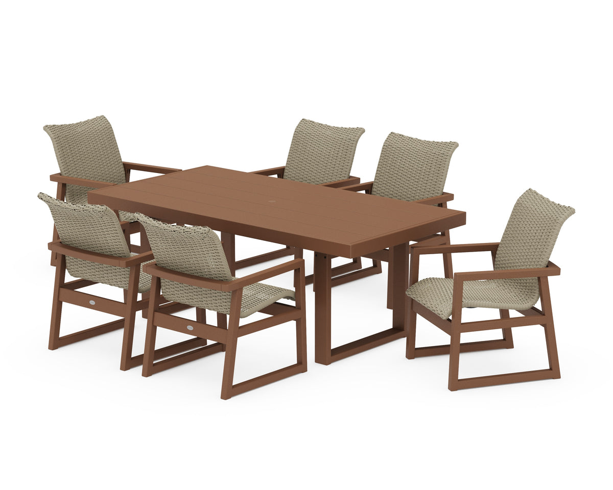 POLYWOOD EDGE Woven Arm Chair 7-Piece Dining Set in Teak / Dune Grass
