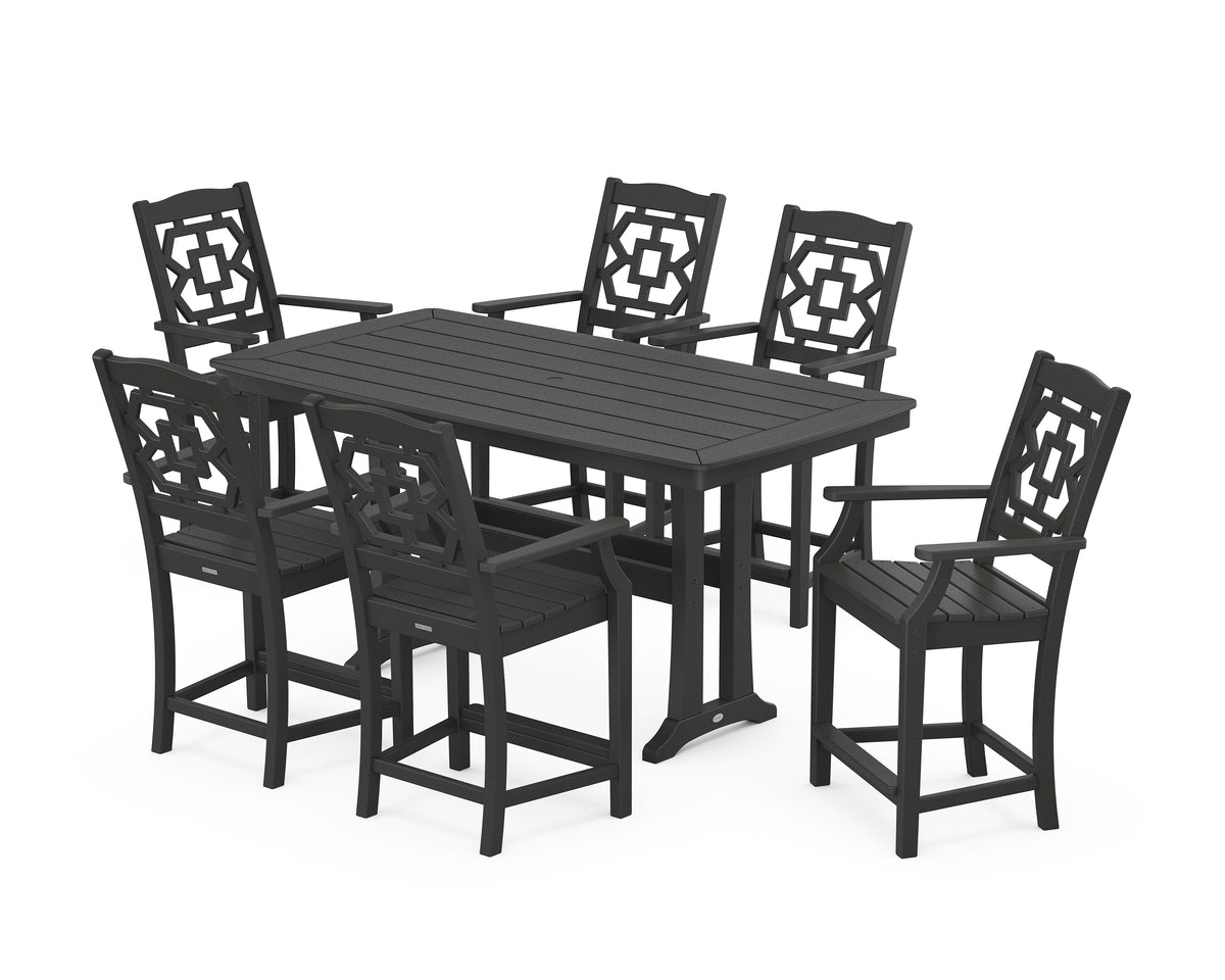 POLYWOOD Chinoiserie Arm Chair 7-Piece Counter Set with Trestle Legs in Black