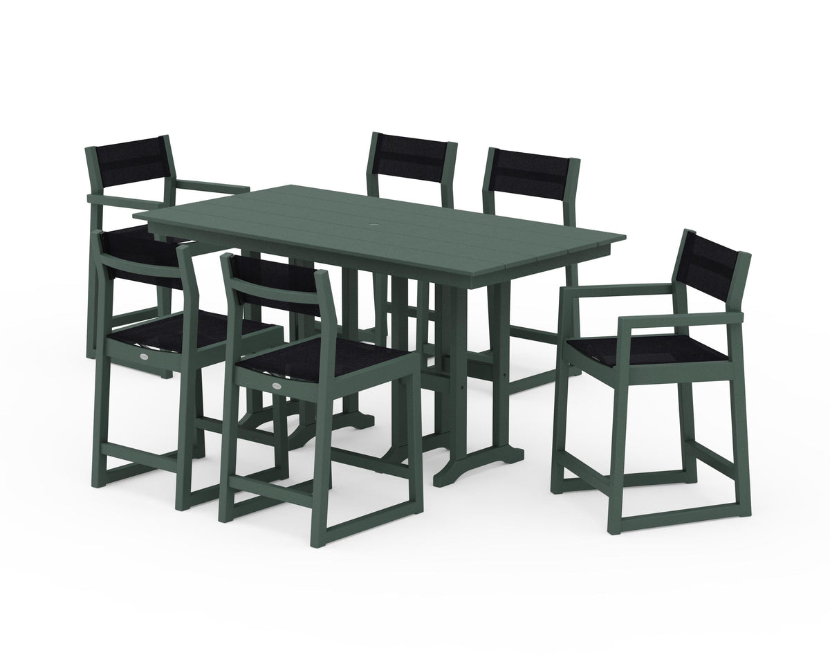 POLYWOOD EDGE Sling 7-Piece Farmhouse Counter Set with Trestle Legs in Green / Black