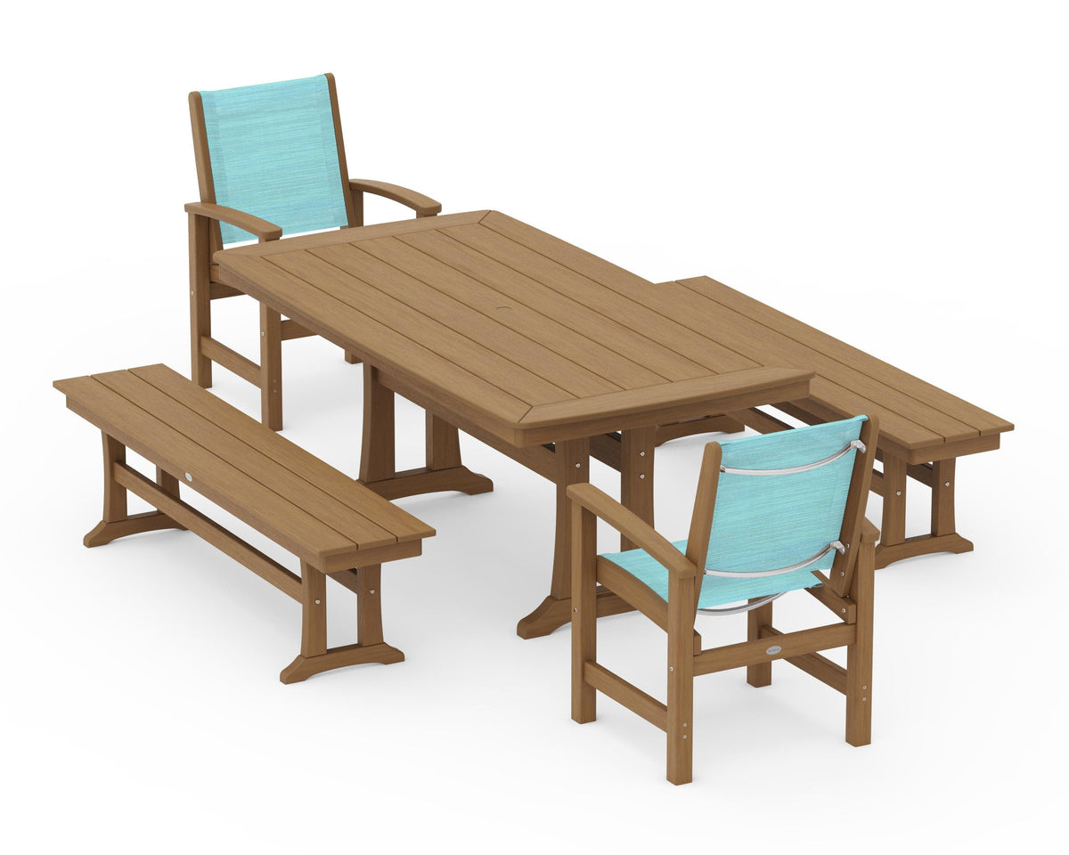POLYWOOD Coastal 5-Piece Dining Set with Trestle Legs and Benches in Natural / Dupioni Aquamarine